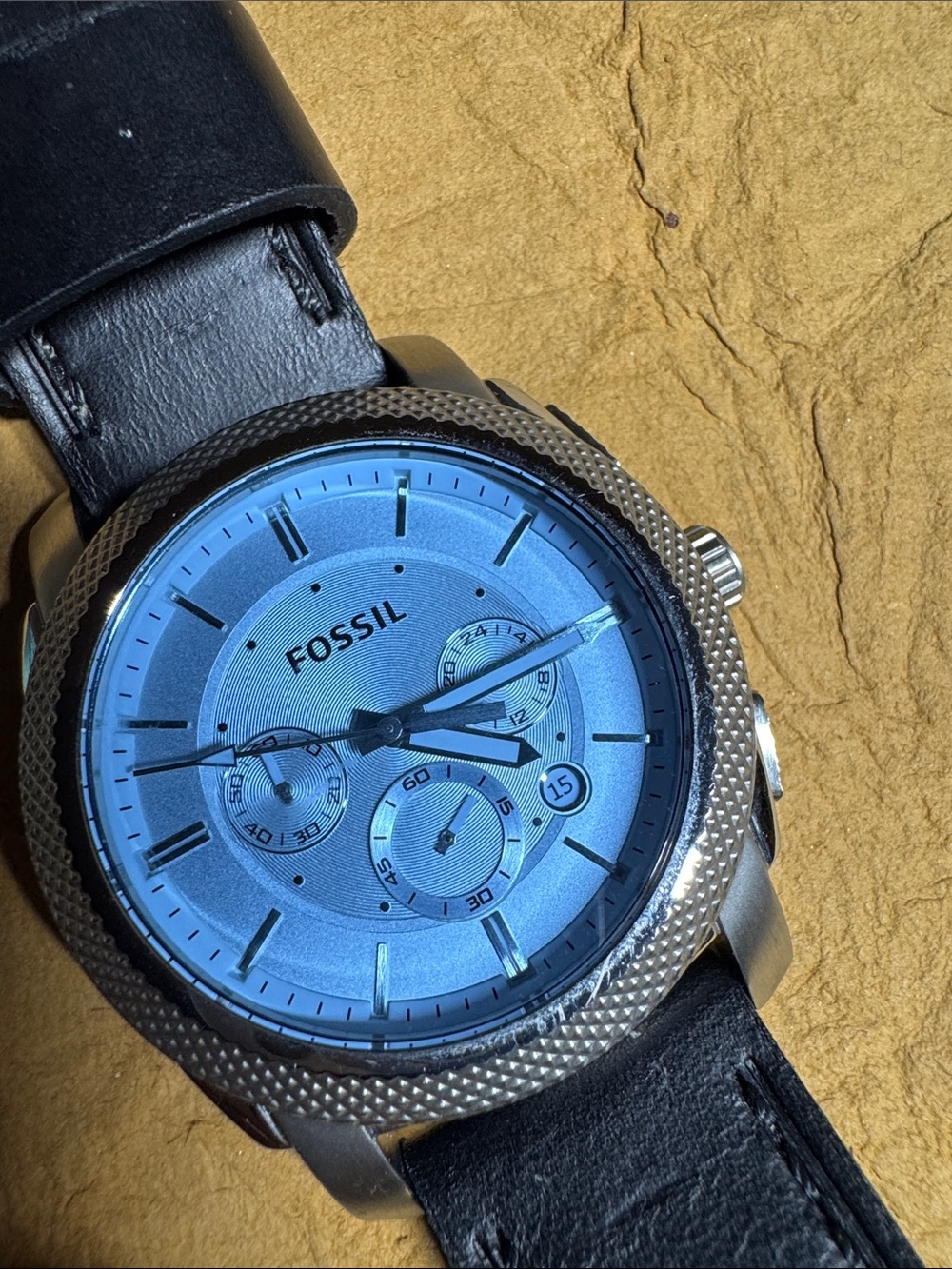 Fossil Men's Black Leather Strap Watch with Blue Dial and Stainless Silver Case - Picture 3 of 10